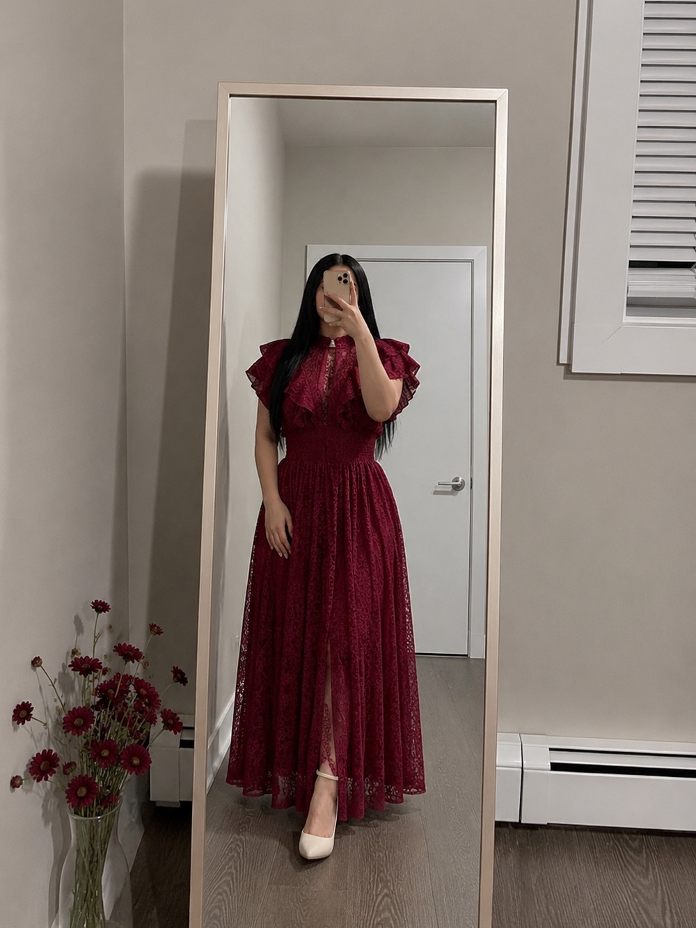 Romantic Burgundy Lace Ruffle Maxi Dress